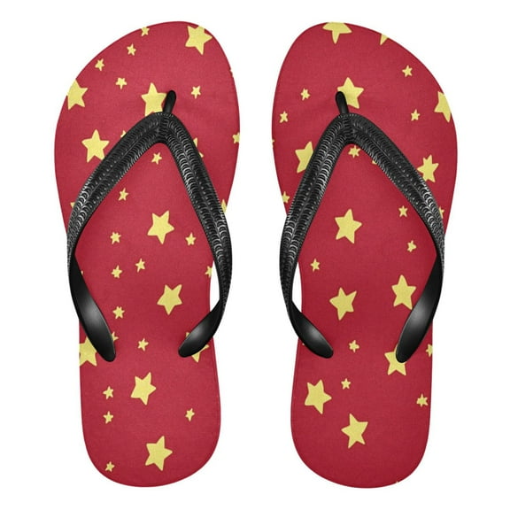 Unisex Comfort Flip Flops Summer Thong Sandals Non Slip Soles Flip Flop for Beach, Pool, and Daily Wear Yellow Stars on Red Background L