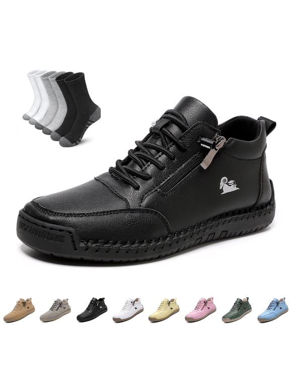 Unisex Comfortable Orthopedic Zipper Sneakers, Casual Walking Shoes with Side Zip and Elastic Laces, Includes Socks