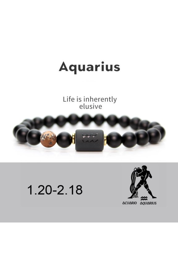 Unisex Constellation Bracelet Natural Agate Beads Elastic Strap Zodiac Star Sign Distance Friendship Prayer Blessing Bracelet Good Luck Wrist Jewelery Holiday Gift Black Aquarius