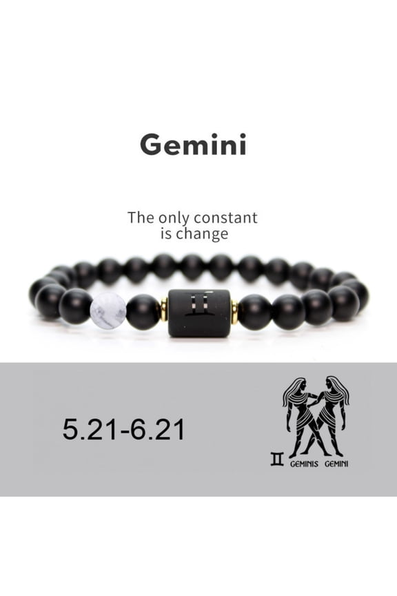 Unisex Constellation Bracelet Natural Agate Beads Elastic Strap Zodiac Star Sign Distance Friendship Prayer Blessing Bracelet Good Luck Wrist Jewelery Holiday Gift Black Gemini
