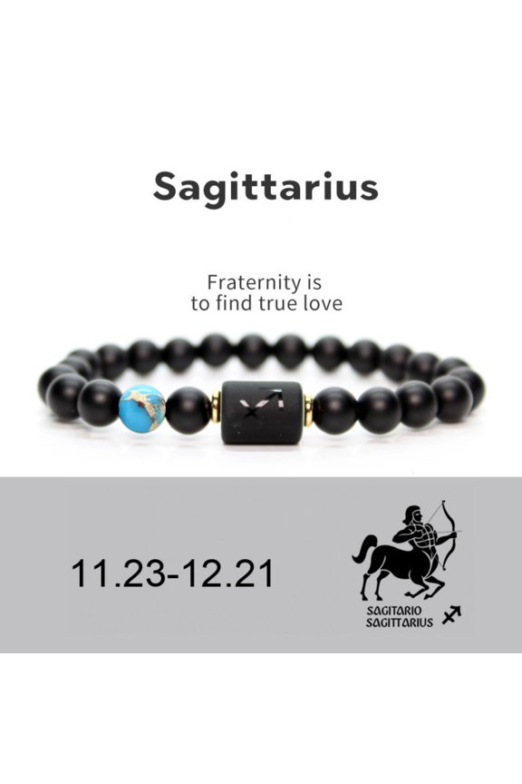 Unisex Constellation Bracelet Natural Agate Beads Elastic Strap Zodiac Star Sign Distance Friendship Prayer Blessing Bracelet Good Luck Wrist Jewelery Holiday Gift Black Sagittarius