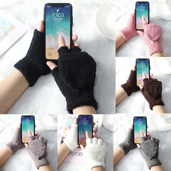 Unisex Coral Fleece Lined Half-Finger Gloves Couple's Cold Weather Handwear