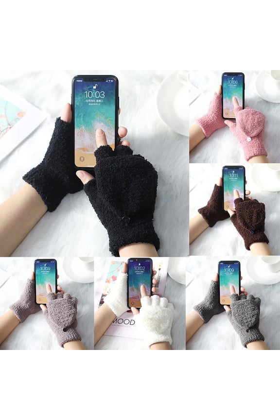 Unisex Coral Fleece Lined Half-Finger Gloves Couple's Cold Weather Handwear