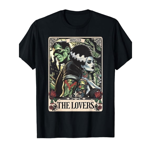 Unisex Corrugated Board Pattern T-Shirt - Gothic Horror Pattern T-Shirt with Monster And Bride Art Prints, Short Sleeve, Round Neck Casual Top, Suitable for Halloween And Everyday Wear,
