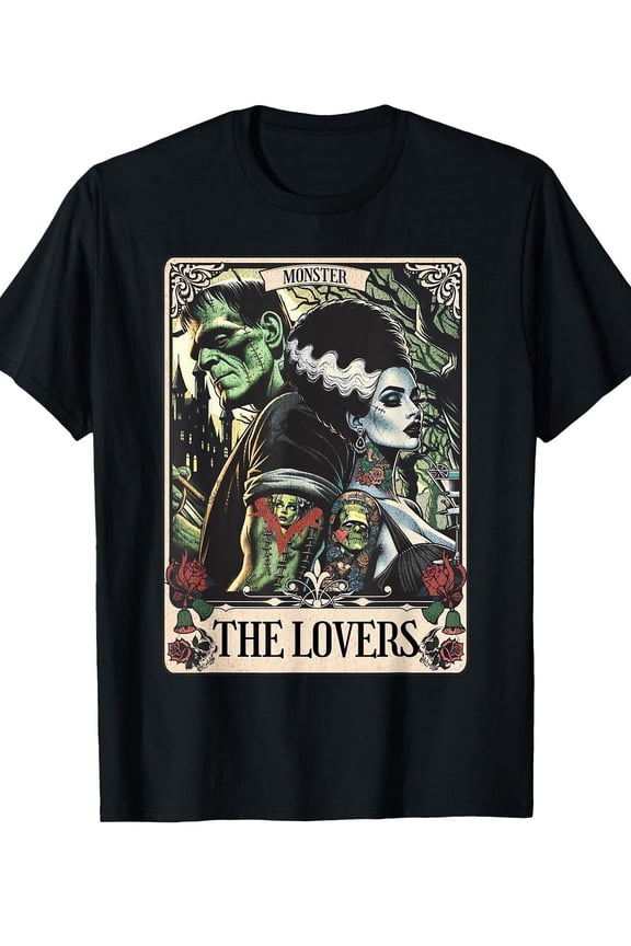 Unisex Corrugated Board Pattern T-Shirt - Gothic Horror Pattern T-Shirt with Monster And Bride Art Prints, Short Sleeve, Round Neck Casual Top, Suitable for Halloween And Everyday Wear,