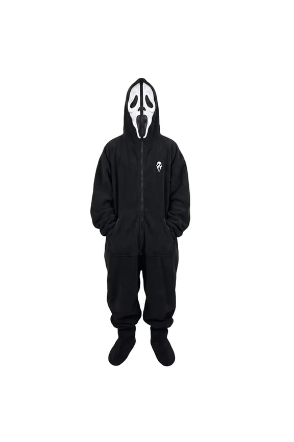 Unisex Cosplay Onesie - Oversized Black Fleece Full Body Suit with Attached Hood & Front Pockets, Warm Party Costume and Winter Lounge Wear