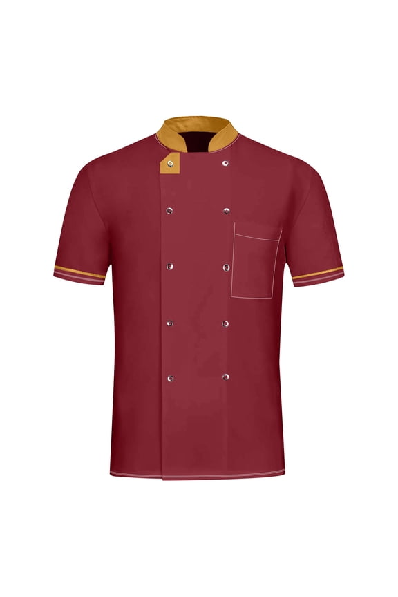 Unisex Cotton Chef Uniform, Short Sleeve Kitchen Jacket for Restaurant Hotel Cafe Staff Durable Breathable Chef Attire,Wine 3XL