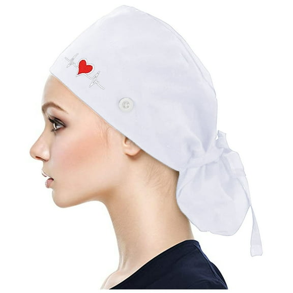 Unisex Cotton Scrub Cap with Heart Print, Breathable Surgical Hat with Sweatband for Doctors, for Operating Room, Beauty Salon or Dust Protection Work White