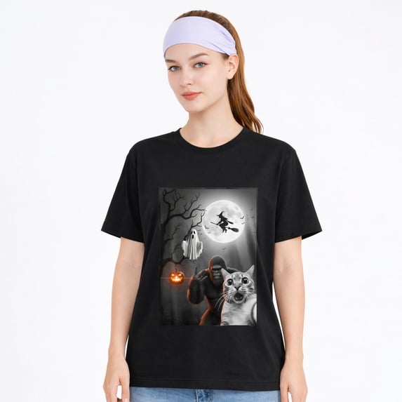 Unisex Cotton T-Shirt Cat Dog Moon Pumpkin Graphic Halloween Tee