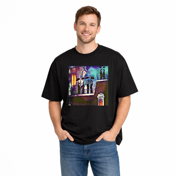 Unisex Cotton T-Shirt, Haunted Balcony Scene Painted Graphic Crew Neck Short Sleeve Tee for Halloween Party