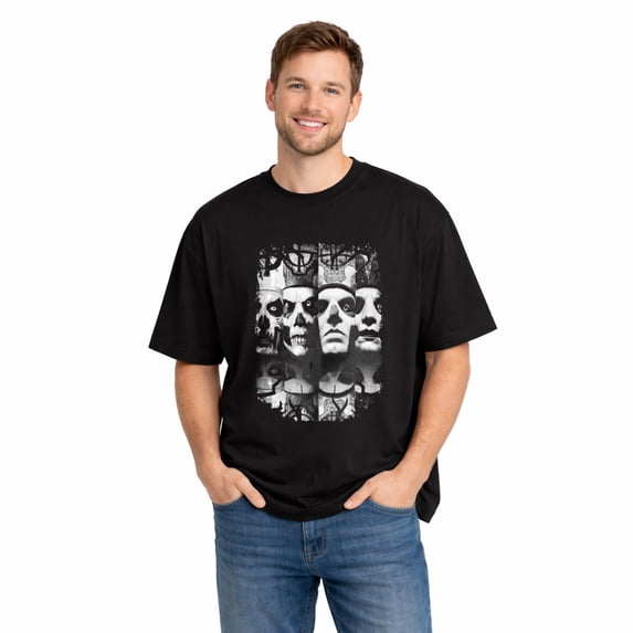 Unisex Cotton T-Shirt, Horror Faces Collage Dark Graphic Crew Neck Short Sleeve Tee for Halloween Party