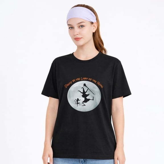 Unisex Cotton T-Shirt Moon Witch Dance Graphic Tee, Casual School Halloween Shirt