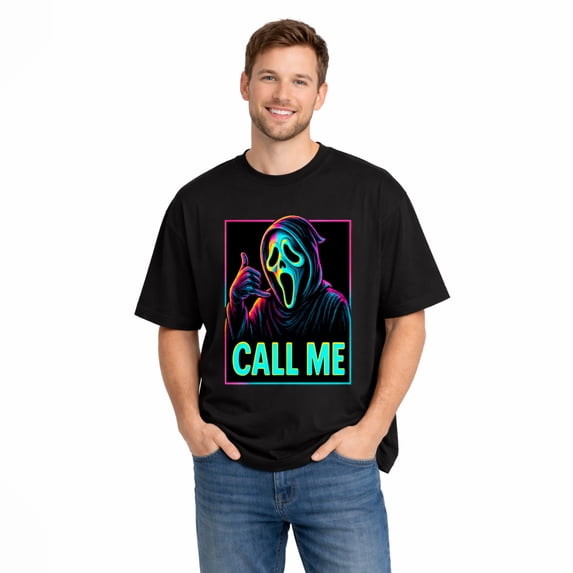Unisex Cotton T-Shirt, Neon Mask Call Me Retro Graphic Crew Neck Short Sleeve Tee for Halloween Party