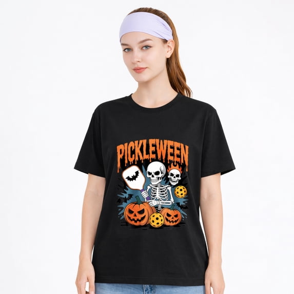 Unisex Cotton T-Shirt Pickleween Skeleton Pumpkin Graphic Halloween Tee