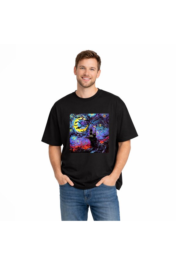 Unisex Cotton T-Shirt, Starry Haunted Castle Art Graphic Crew Neck Short Sleeve Tee for Halloween Party