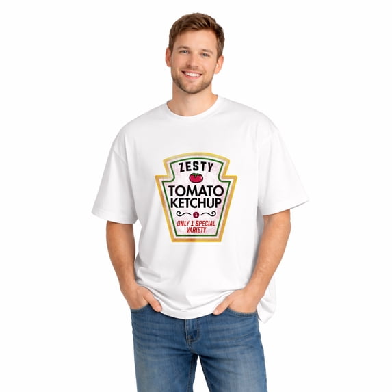 Unisex Cotton T-Shirt, Tomato Ketchup Label Food Graphic Crew Neck Short Sleeve Tee for Casual Wear