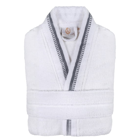 Unisex Cotton Terry Kimono Bathrobe with Embroidery All-Season Robe, MD, Grey-White