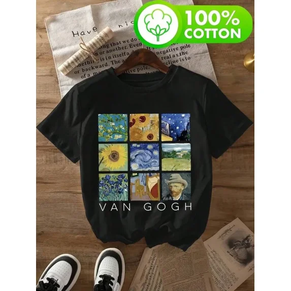 Unisex Cotton Vintage Van Gogh Famous Art Graphic T-Shirt