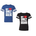 thumbnail image 1 of Unisex Couple Matching Cotton Jersey style T-Shirt Contrasting stripes on sleeves (Men Royal / Women Black) (Men S / Women S), 1 of 3