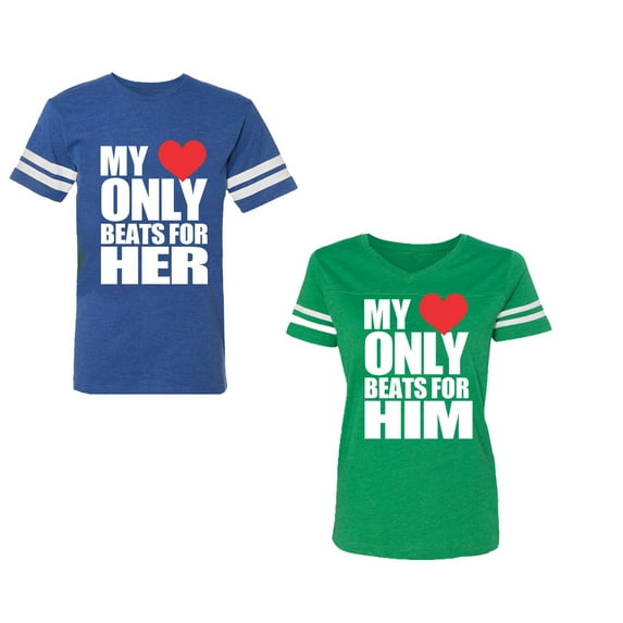 Unisex Couple Matching Cotton Jersey style T-Shirt Contrasting stripes on sleeves (Men Royal / Women Green) (Men XL / Women XL)