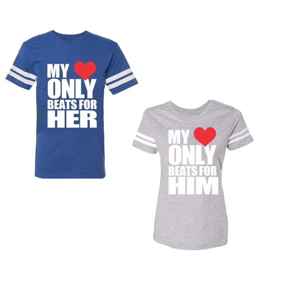 Unisex Couple Matching Cotton Jersey style T-Shirt Contrasting stripes on sleeves (Men Royal / Women Heather) (Men XXL / Women M)