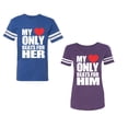 thumbnail image 1 of Unisex Couple Matching Cotton Jersey style T-Shirt Contrasting stripes on sleeves (Men Royal / Women Purple) (Men L / Women S), 1 of 3