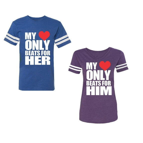 Unisex Couple Matching Cotton Jersey style T-Shirt Contrasting stripes on sleeves (Men Royal / Women Purple) (Men L / Women S)