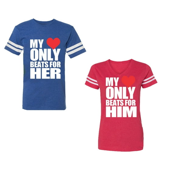 Unisex Couple Matching Cotton Jersey style T-Shirt Contrasting stripes on sleeves (Men Royal / Women Red) (Men S / Women S)