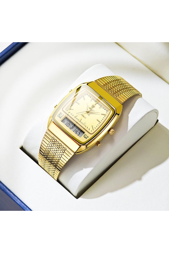 Unisex Couple's Watch for Men and Women, Business Casual Mesh Strap Waterproof Dual Display Electronic Quartz Watch with Large Dial