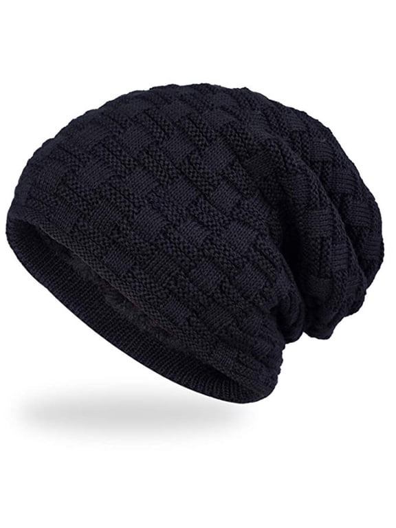 Unisex Couples Fleece Lined Knit Beanie Hat, Soft Textured Solid Color Slouchy Beanie for Men Women, Loose Relaxed Warm Winter Cap for Cold Weather Outdoor Daily Wear, Date Travel Commute Black