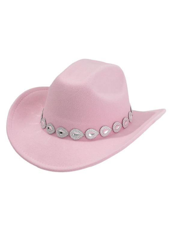Unisex Cowboy Hat Gem Stone Band Design Western Party Hat Retro Wide Brim Dress Up Hat One Size