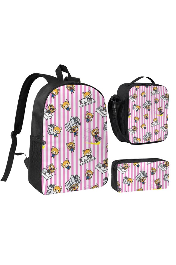 Unisex Crazy-Aggretsuko Large Capacity Backpack Lunch Bags Pencil Case 3 Pcs Set Schoolbag Bookbag