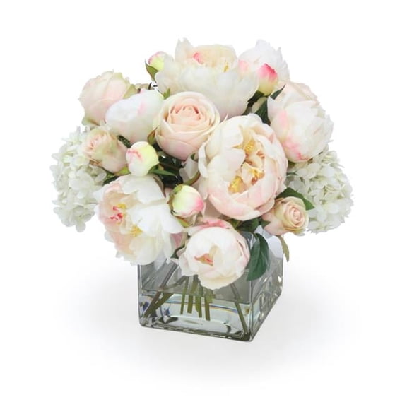 Unisex Cream White Hydrangea & Rose with Peonies in Glass Square