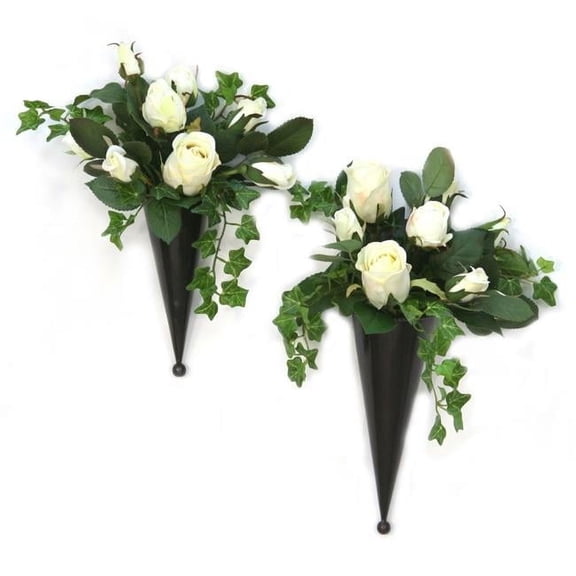 Unisex Cream White Nosegays in Bronze Metal Cones for Wall Hanging - Green