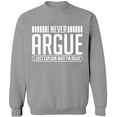 thumbnail image 1 of Unisex Crewneck Sweatshirt, I Never Argue, Custom Sweater, Slim Fit, Long Sleeve Sweater - Sport Grey Large, 1 of 2