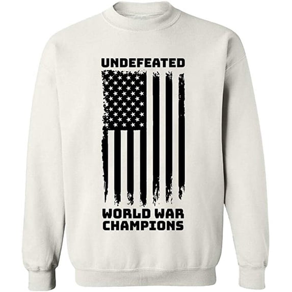 Unisex Crewneck Sweatshirt, Undefeated World War Champ, Slim Fit, Long Sleeve Sweater - White Large