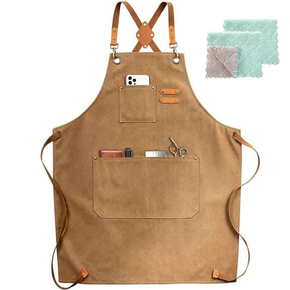 Unisex Cross Back Chef Apron, Cotton Canvas Kitchen Apron with Adjustable Straps and Big Pockets, Heavy Duty Bib Apron for Cooking, Baking, Gardening & Painting