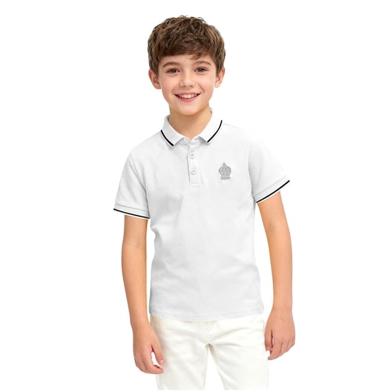 Unisex Crown Embroidered Short Sleeve Polo Shirt with Contrast Trim, Breathable Shirt for Boys & Girls, School & Daily Activities, 3-16 Years White 13-14 Years