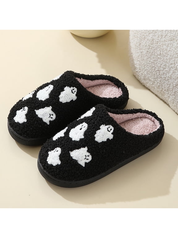 Unisex Cute Ghost Plush Mule Slippers, Halloween Closed Toe Teddy Fleece House Slippers, Thick Non-Slip Sole Warm Fluffy Indoor Bedroom Slippers