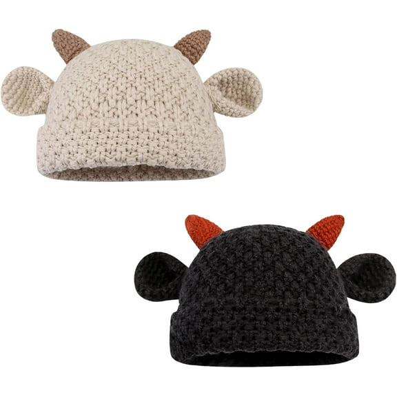 Unisex Cute Horns Bear Ears Beanie Winter Crochet Hat Animal Lover Gift