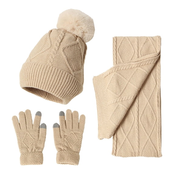 Unisex Cute Knit Soft Hat Scarf Gloves Set Autumn Winter Warm Snow Cap Touchscreen