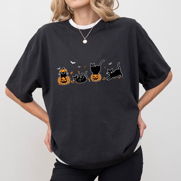Unisex - Cute - Vibe Graphic Tee,Tops Has Universal “‘Halloween’ Vibe & Cat Pattern” Design,Round Neck Regular Fit T - shirts, Size(S - 5XL)