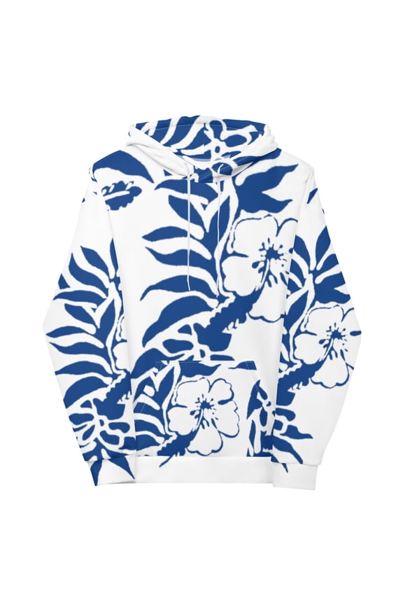 Unisex Dark Cerulean Blue Hibiscus Floral Hawaiian Printed Hoodie