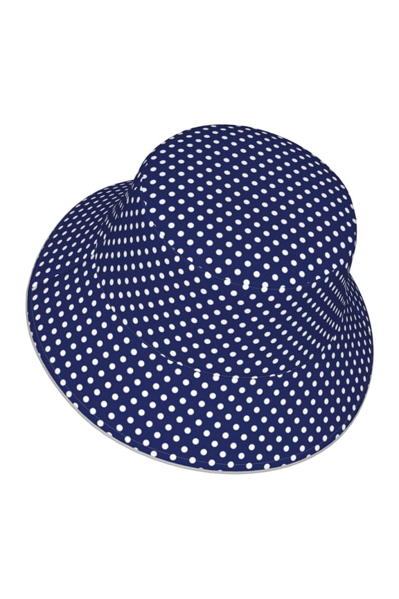 Unisex Deep Blue And White Dots Bucket Hat Fisherman Cap Reversible Travel Sunhat With Reflective Stripe