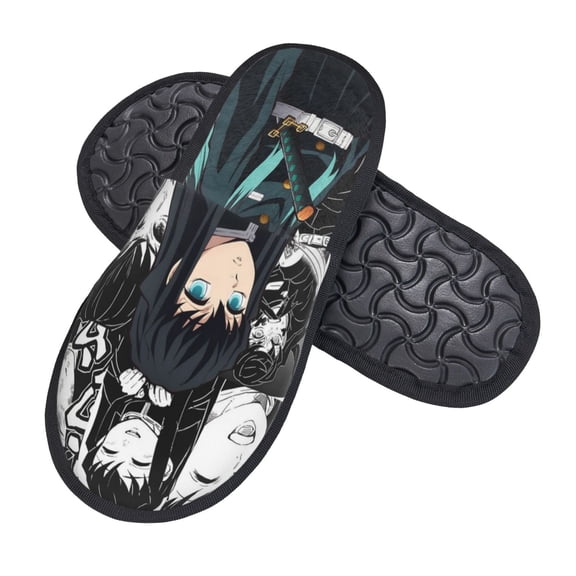 Unisex Demon Slayer Cozy Furry Slippers Warm Plush Winter Cotton Slipper, Indoor Outdoor Shoes Non-Slip For Women Men Large