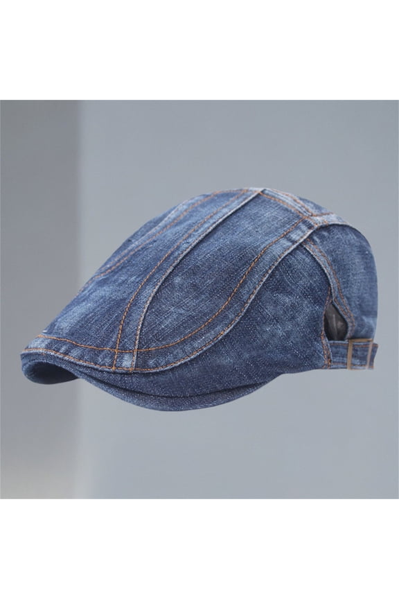 Unisex Denim Beret Newsboy Cap, Cotton Cabbie Driving Hat, Vintage Style Flat Brim Dad Cap for Men and Women, Casual Daily Wear Hat Blue