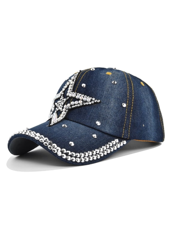 Unisex Denim Rhinestone Stud Decoration Baseball Cap, Washed Vintage Style Distressed Trucker Hat, for Casual Daily Wear or Outdoor Sports Dark Blue