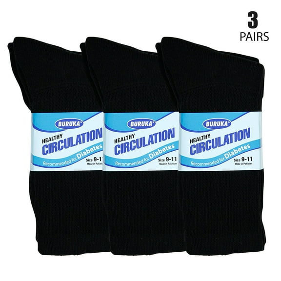 Unisex Diabetic Crew Circulatory Non-Elastic Cotton Socks for Mens & Womens (3 Pairs Black, 10-13)