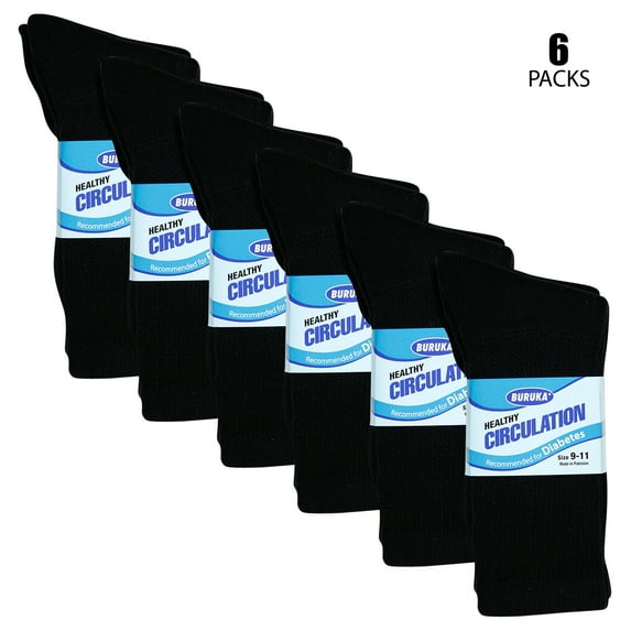 Unisex Diabetic Crew Circulatory Non-Elastic Cotton Socks for Mens & Womens (6 Pairs Black, 10-13)