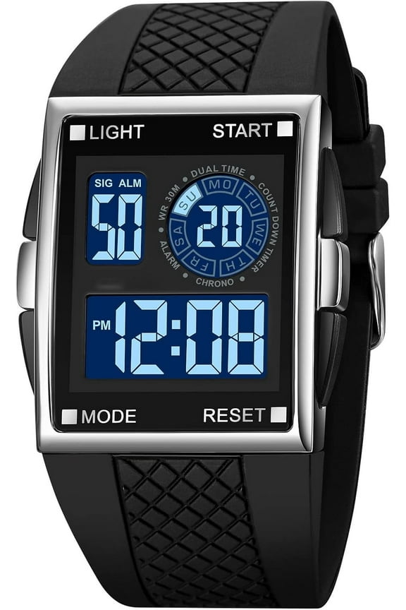 Unisex Digital Bracelet Watch Backlight Mens Women Square Alarm LED Black Rubber Watchband Sports Outdoor Waterproof Watch,Black silver